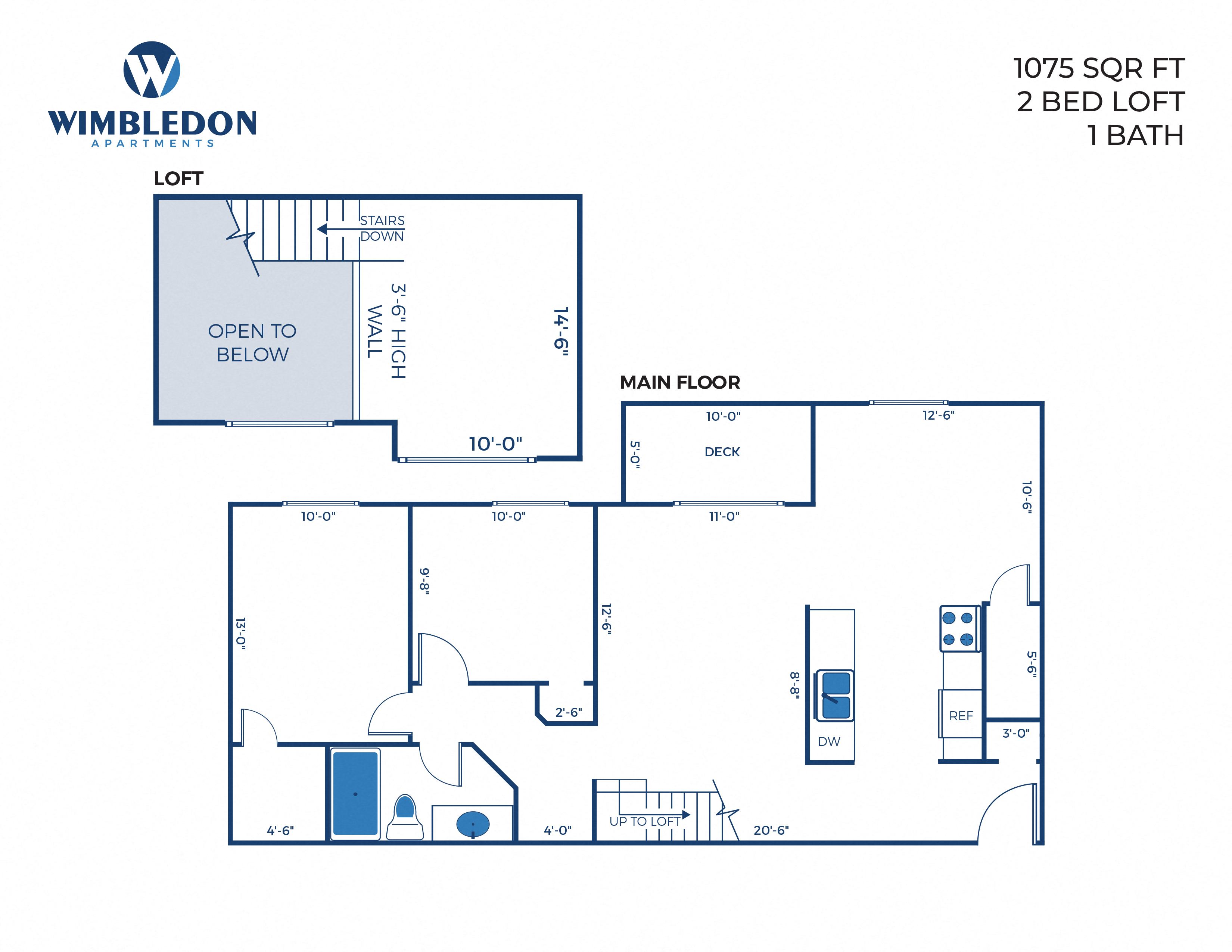 Floor plan for 2 beds, 1 bath, 1076 sqft